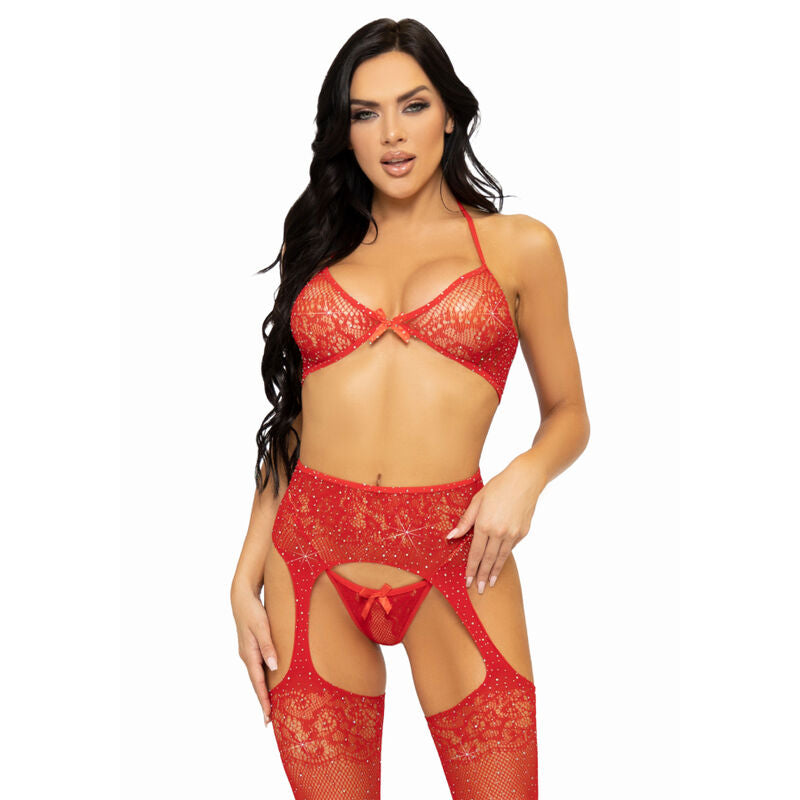 LEG AVENUE - THREE PIECE SET BRA, THONG AND STOCKINGS ONE SIZE - BLACK