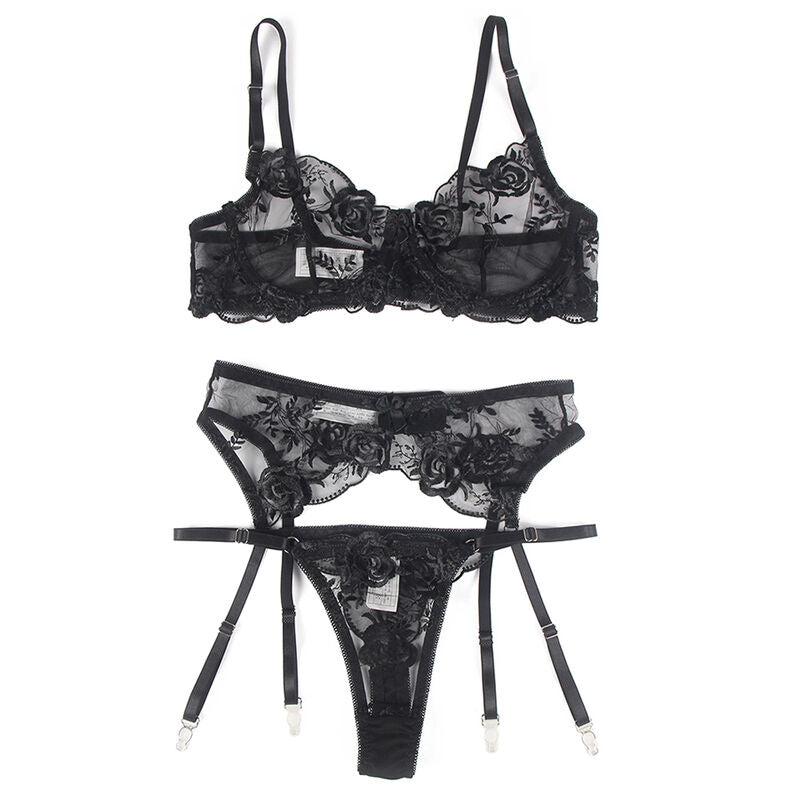 SUBBLIME - 3 PIECE SET BRA + THONG + GARTER BLACK FLORAL PRINT S/M