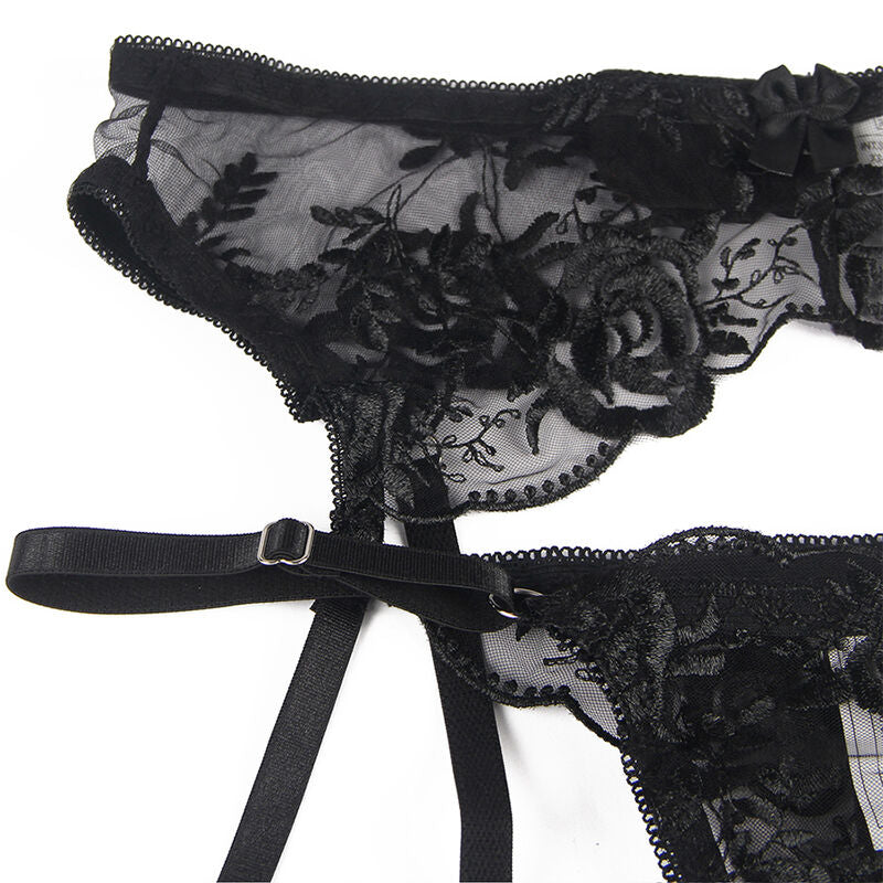 SUBBLIME - 3 PIECE SET BRA + THONG + GARTER BLACK FLORAL PRINT S/M