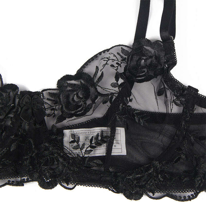 SUBBLIME - 3 PIECE SET BRA + THONG + GARTER BLACK FLORAL PRINT S/M