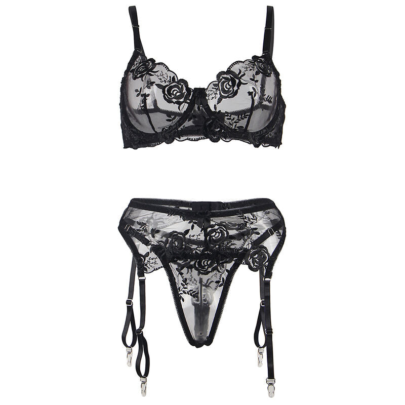 SUBBLIME - 3 PIECE SET BRA + THONG + GARTER BLACK FLORAL PRINT S/M