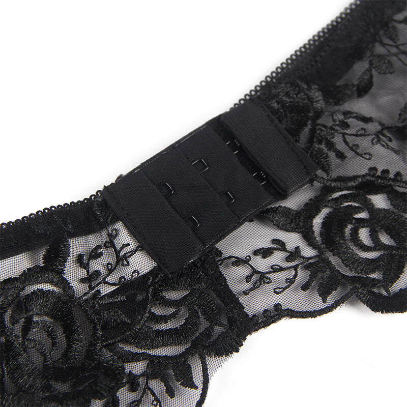 SUBBLIME - 3 PIECE SET BRA + THONG + GARTER BLACK FLORAL PRINT S/M