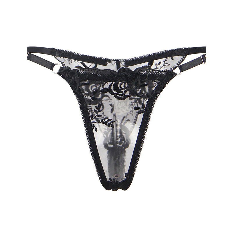 SUBBLIME - 3 PIECE SET BRA + THONG + GARTER BLACK FLORAL PRINT S/M