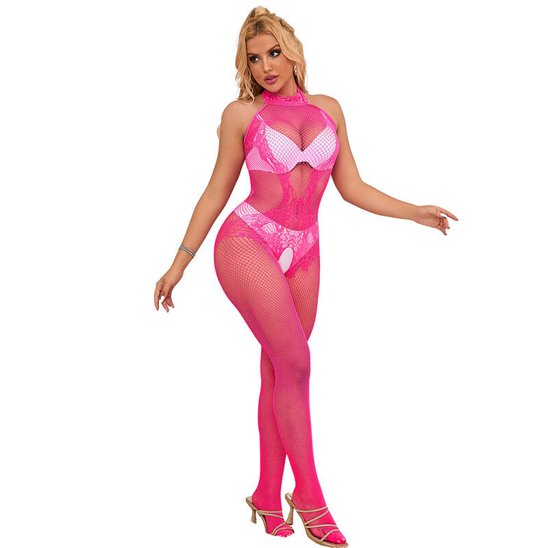 SUBBLIME - 952389 Pink Fishnet and Lace Crotchless Bodystocking with High Neck, One Size