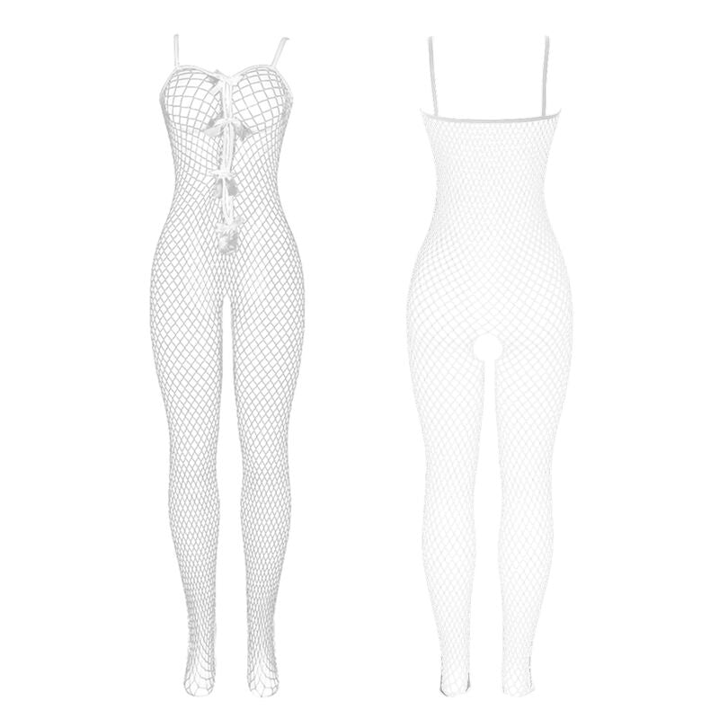SUBBLIME - 951740 White Fishnet Crotchless Bodystocking with Bows, One Size