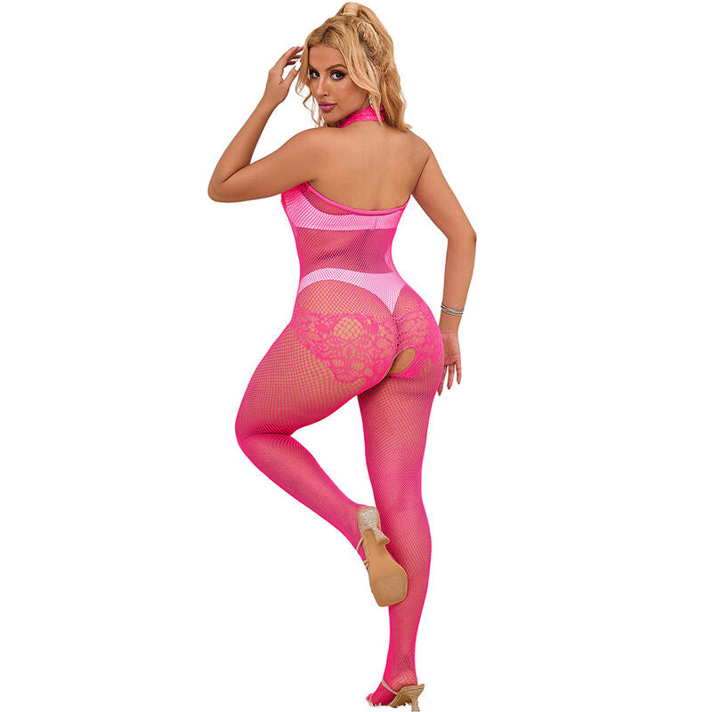 SUBBLIME - 952389 Pink Fishnet and Lace Crotchless Bodystocking with High Neck, One Size