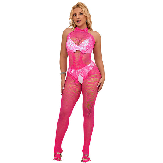 SUBBLIME - 952389 Pink Fishnet and Lace Crotchless Bodystocking with High Neck, One Size