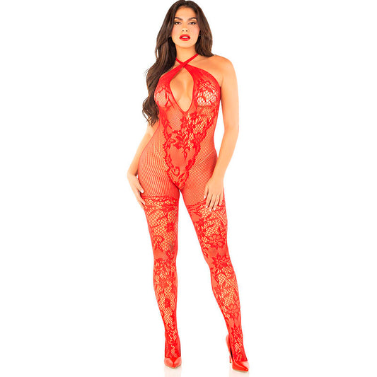LEG AVENUE - RED FLORAL PRINT FISHNET BODYSTOCKING ONE SIZE